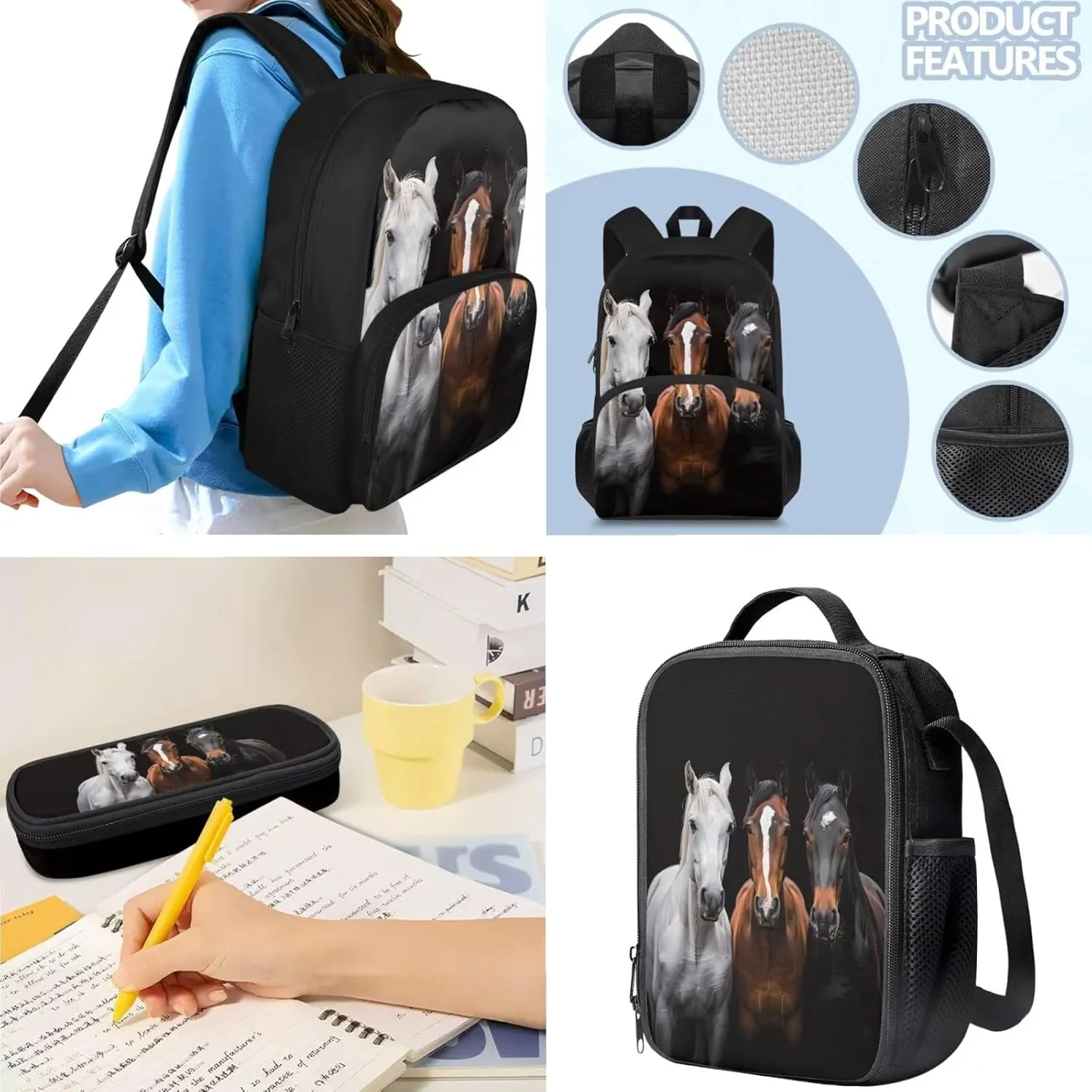 doginthehole Black Horse Backpack for Kids 5-7 17inch Bookbag for Boys with Lunch Box 3pcs Lightweight Boys School Bag Set for Preschool Elementary School Casual Travel Book Bags