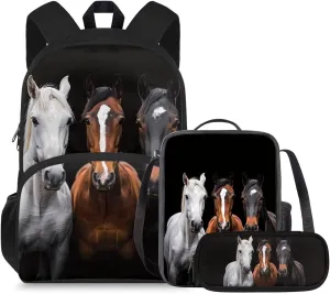 doginthehole Black Horse Backpack for Kids 5-7 17inch Bookbag for Boys with Lunch Box 3pcs Lightweight Boys School Bag Set for Preschool Elementary School Casual Travel Book Bags