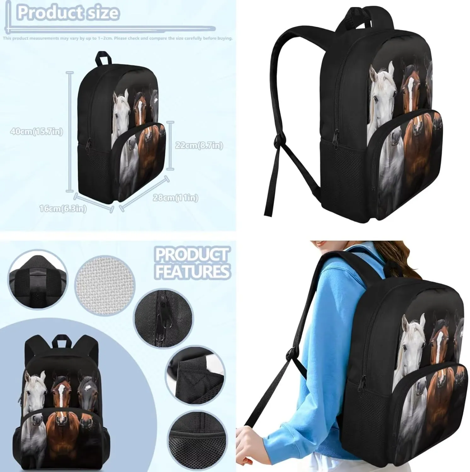 doginthehole Black Horse Backpack for Kids 5-7 17inch Bookbag for Boys with Lunch Box 3pcs Lightweight Boys School Bag Set for Preschool Elementary School Casual Travel Book Bags
