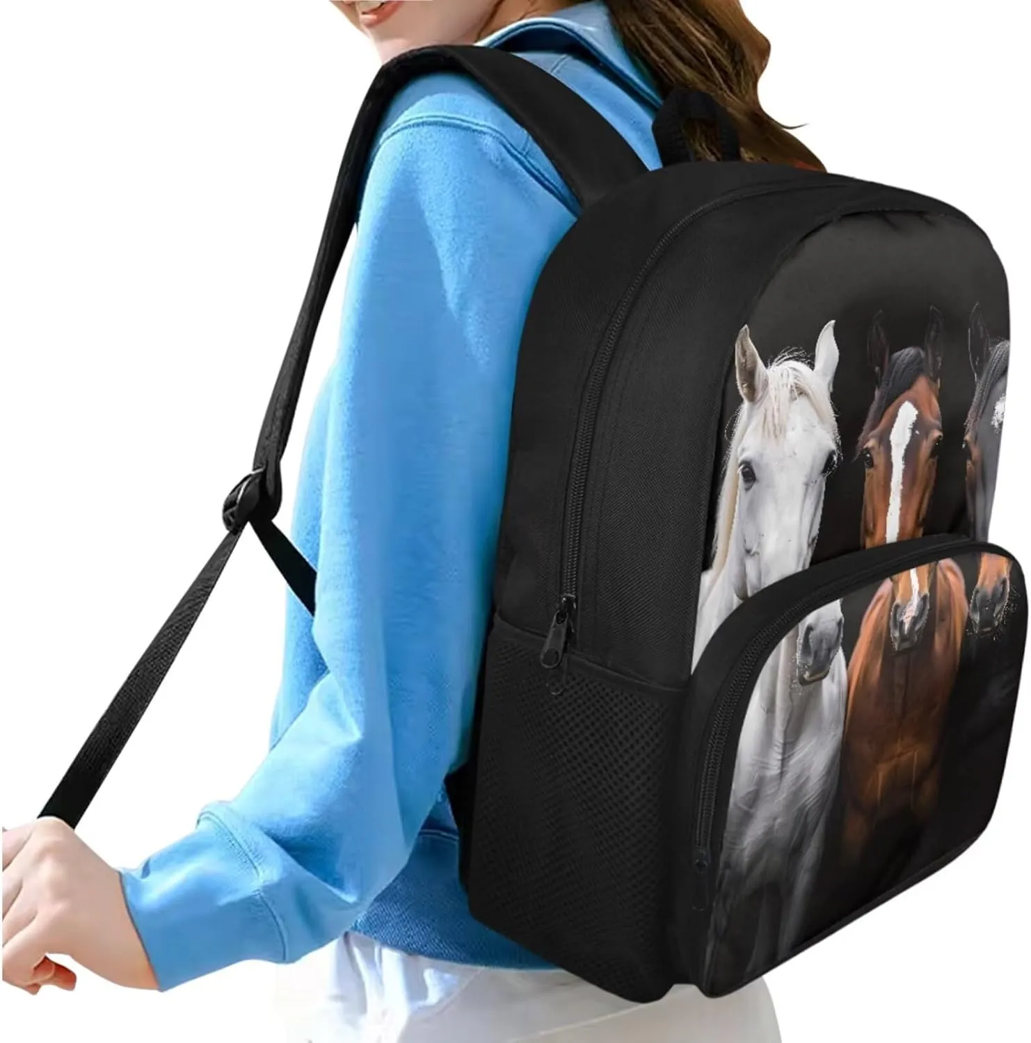 doginthehole Black Horse Backpack for Kids 5-7 17inch Bookbag for Boys with Lunch Box 3pcs Lightweight Boys School Bag Set for Preschool Elementary School Casual Travel Book Bags
