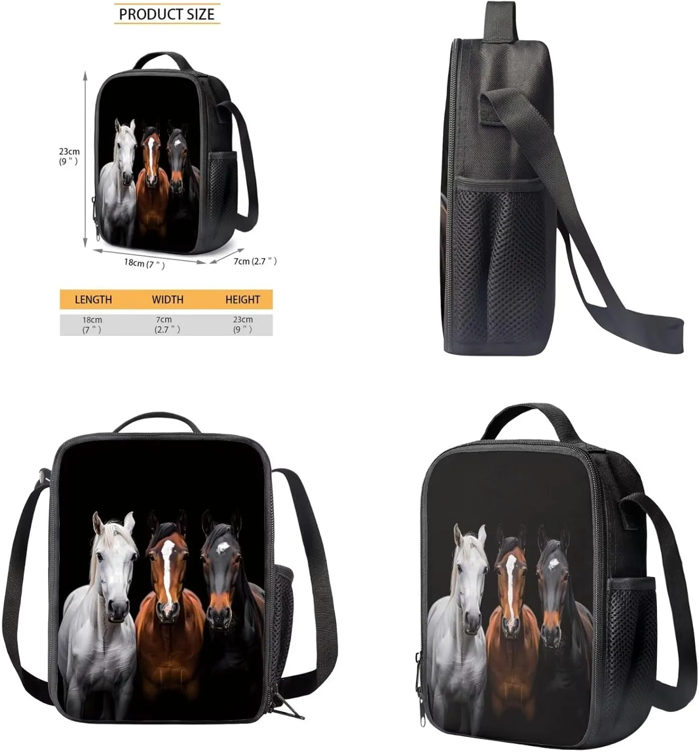 doginthehole Black Horse Backpack for Kids 5-7 17inch Bookbag for Boys with Lunch Box 3pcs Lightweight Boys School Bag Set for Preschool Elementary School Casual Travel Book Bags