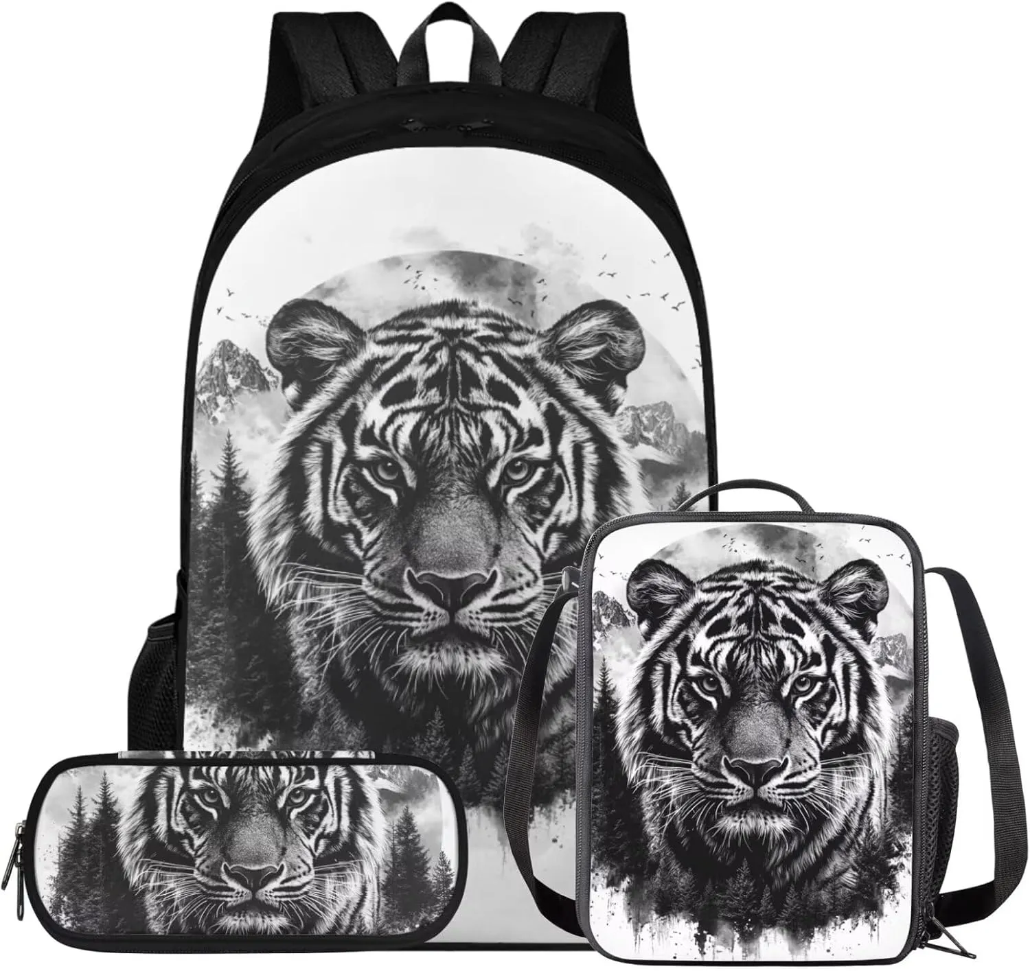 doginthehole Black Watercolor Tigers Backpack for Kids 17inch Bookbag and Lunch Box Set for Boys 3pcs Lightweight Boys School Bags 9-10 Years for Elementary Middle School Casual Travel Book Bags