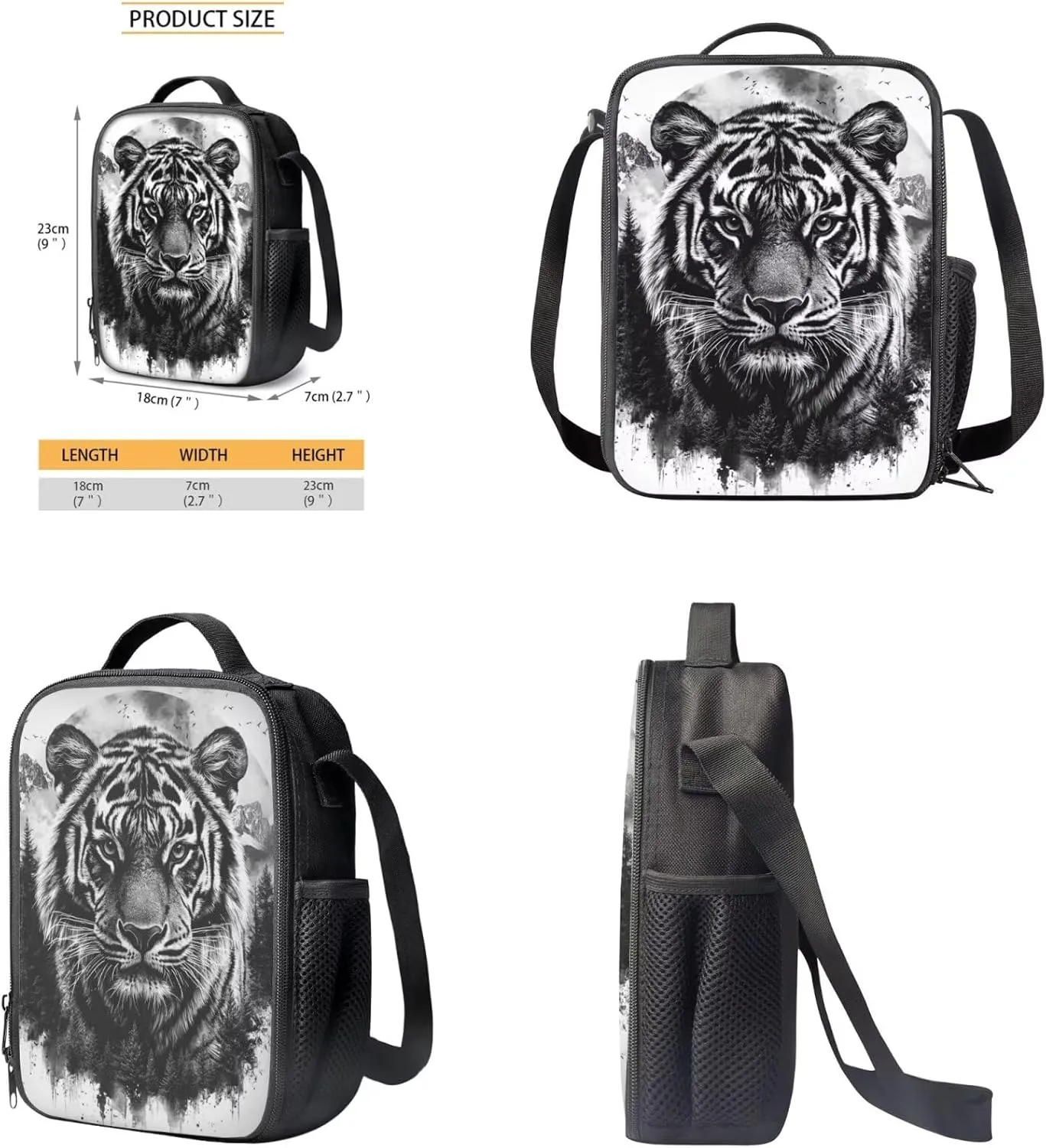 doginthehole Black Watercolor Tigers Backpack for Kids 17inch Bookbag and Lunch Box Set for Boys 3pcs Lightweight Boys School Bags 9-10 Years for Elementary Middle School Casual Travel Book Bags