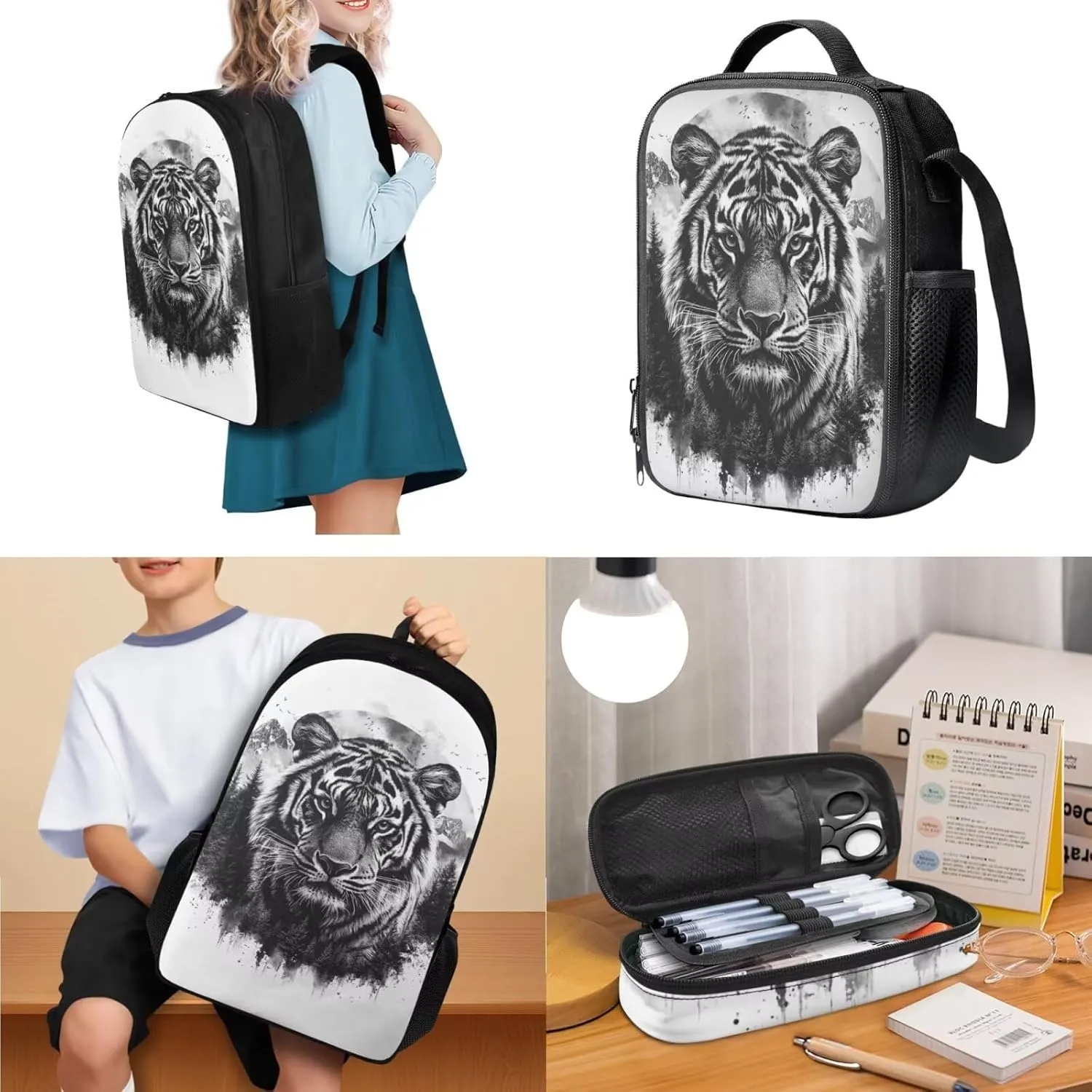 doginthehole Black Watercolor Tigers Backpack for Kids 17inch Bookbag and Lunch Box Set for Boys 3pcs Lightweight Boys School Bags 9-10 Years for Elementary Middle School Casual Travel Book Bags