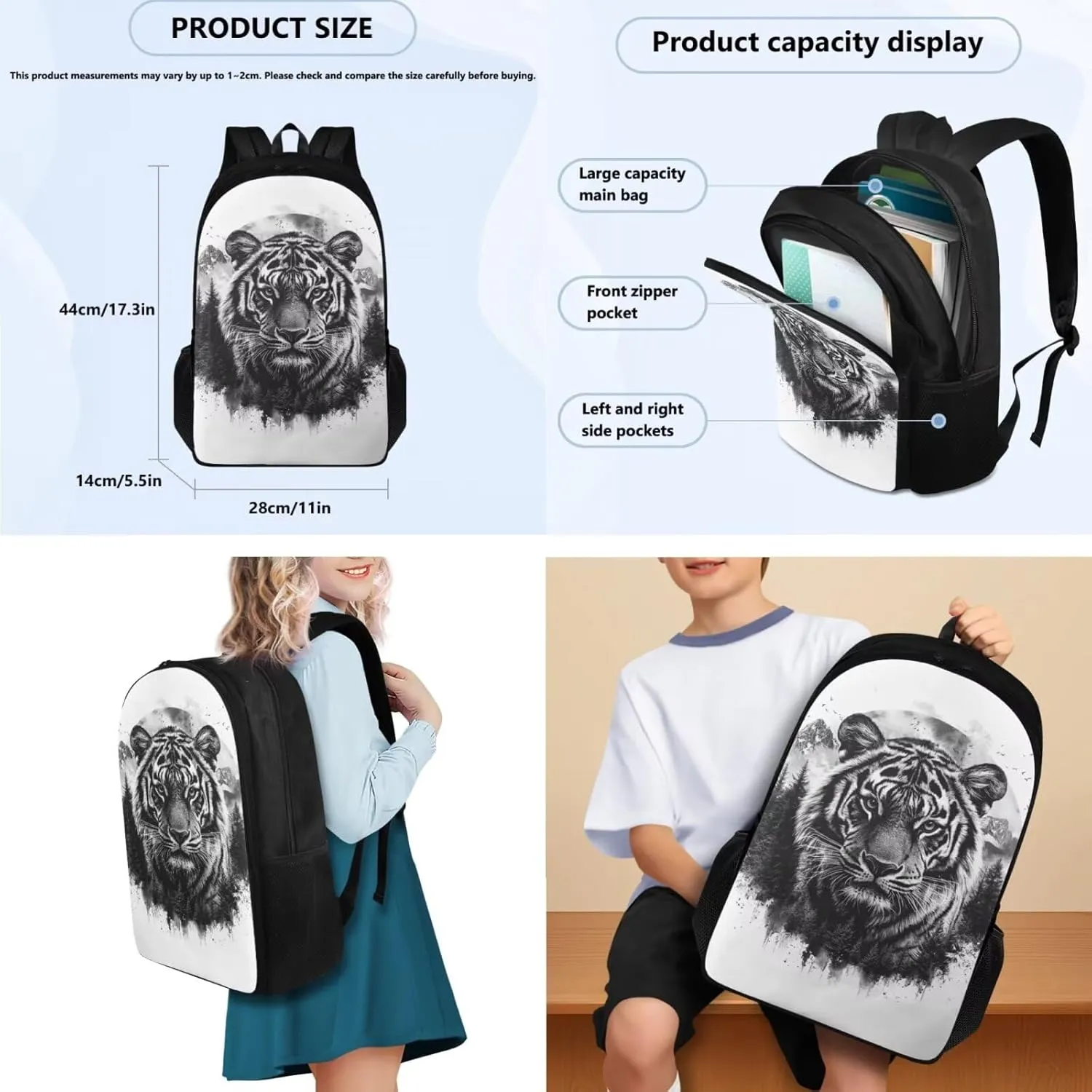 doginthehole Black Watercolor Tigers Backpack for Kids 17inch Bookbag and Lunch Box Set for Boys 3pcs Lightweight Boys School Bags 9-10 Years for Elementary Middle School Casual Travel Book Bags