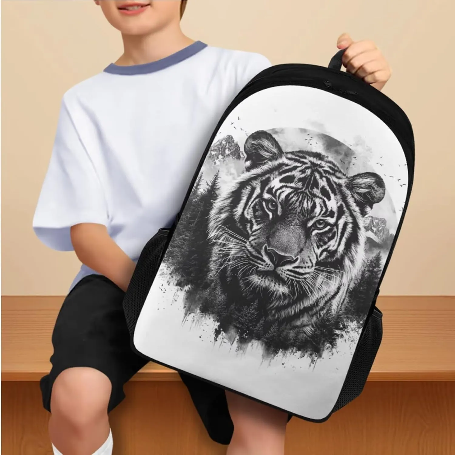 doginthehole Black Watercolor Tigers Backpack for Kids 17inch Bookbag and Lunch Box Set for Boys 3pcs Lightweight Boys School Bags 9-10 Years for Elementary Middle School Casual Travel Book Bags