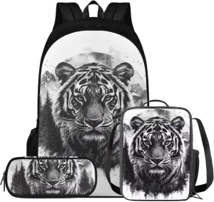 doginthehole Black Watercolor Tigers Backpack for Kids 17inch Bookbag and Lunch Box Set for Boys 3pcs Lightweight Boys School Bags 9-10 Years for Elementary Middle School Casual Travel Book Bags