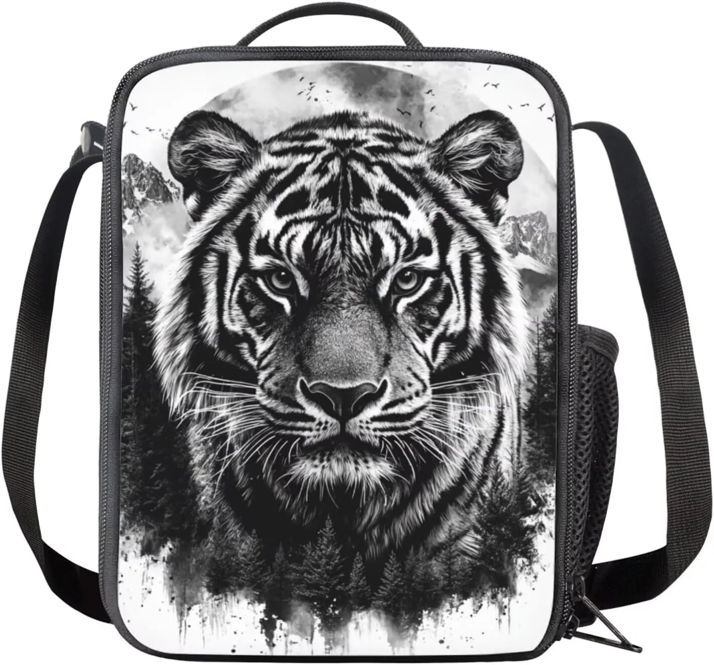 doginthehole Black Watercolor Tigers Backpack for Kids 17inch Bookbag and Lunch Box Set for Boys 3pcs Lightweight Boys School Bags 9-10 Years for Elementary Middle School Casual Travel Book Bags