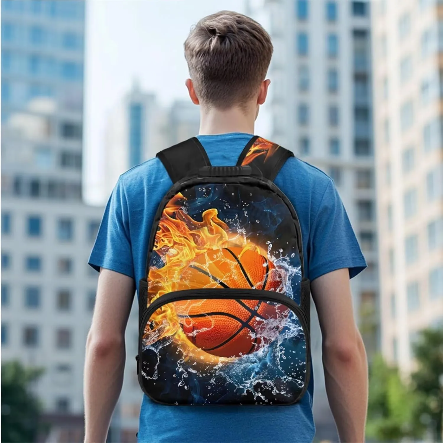doginthehole Water and Fire Basketball Backpack for Boys 8-12 Cool Boys School Bag with Lunch Bag 3 Piece Kids Book Bags for Boys Elementary Middle School Casual Hiking Daypacks