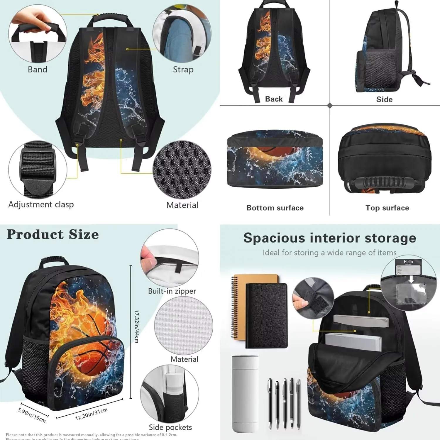 doginthehole Water and Fire Basketball Backpack for Boys 8-12 Cool Boys School Bag with Lunch Bag 3 Piece Kids Book Bags for Boys Elementary Middle School Casual Hiking Daypacks