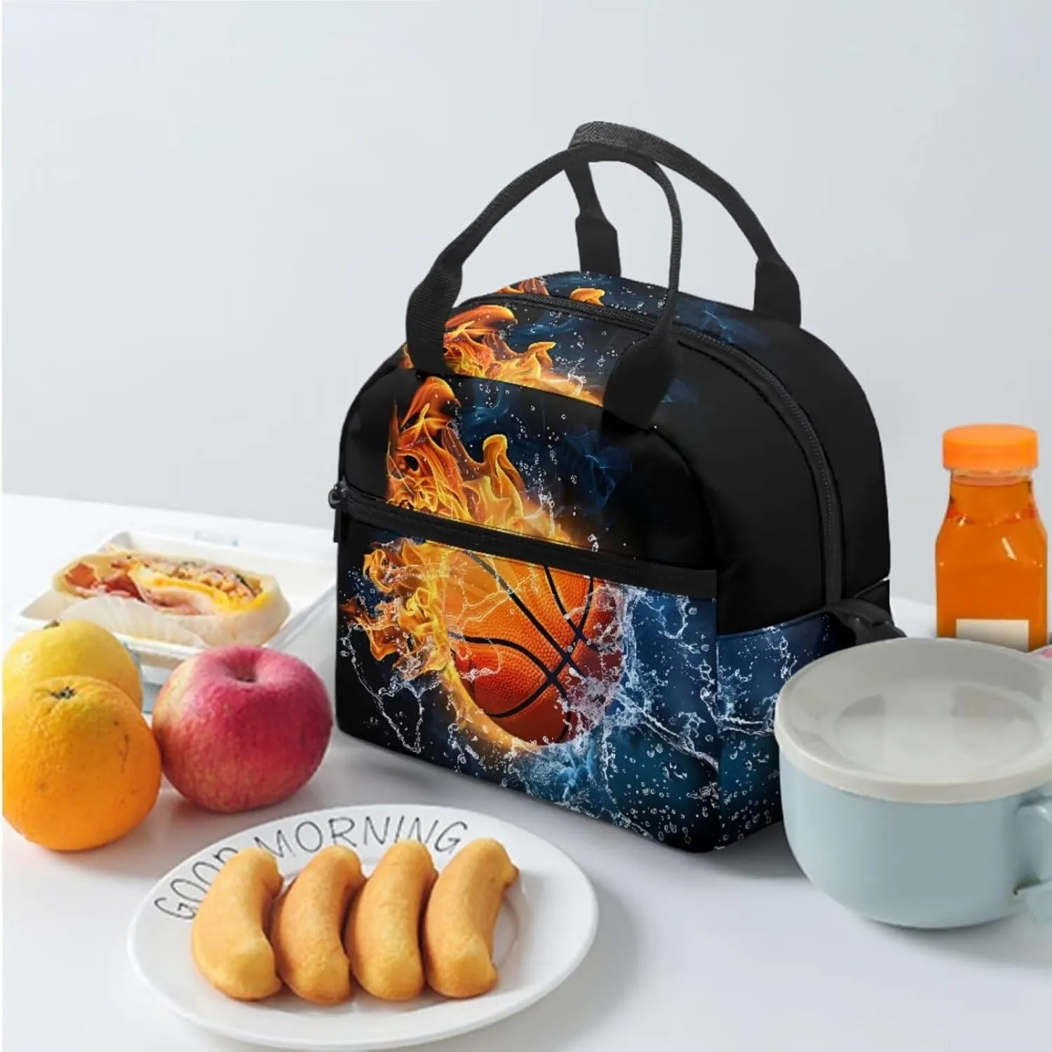 doginthehole Water and Fire Basketball Backpack for Boys 8-12 Cool Boys School Bag with Lunch Bag 3 Piece Kids Book Bags for Boys Elementary Middle School Casual Hiking Daypacks