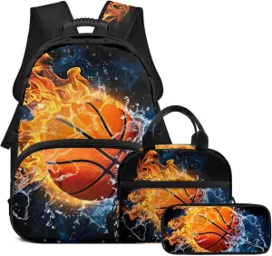 doginthehole Water and Fire Basketball Backpack for Boys 8-12 Cool Boys School Bag with Lunch Bag 3 Piece Kids Book Bags for Boys Elementary Middle School Casual Hiking Daypacks