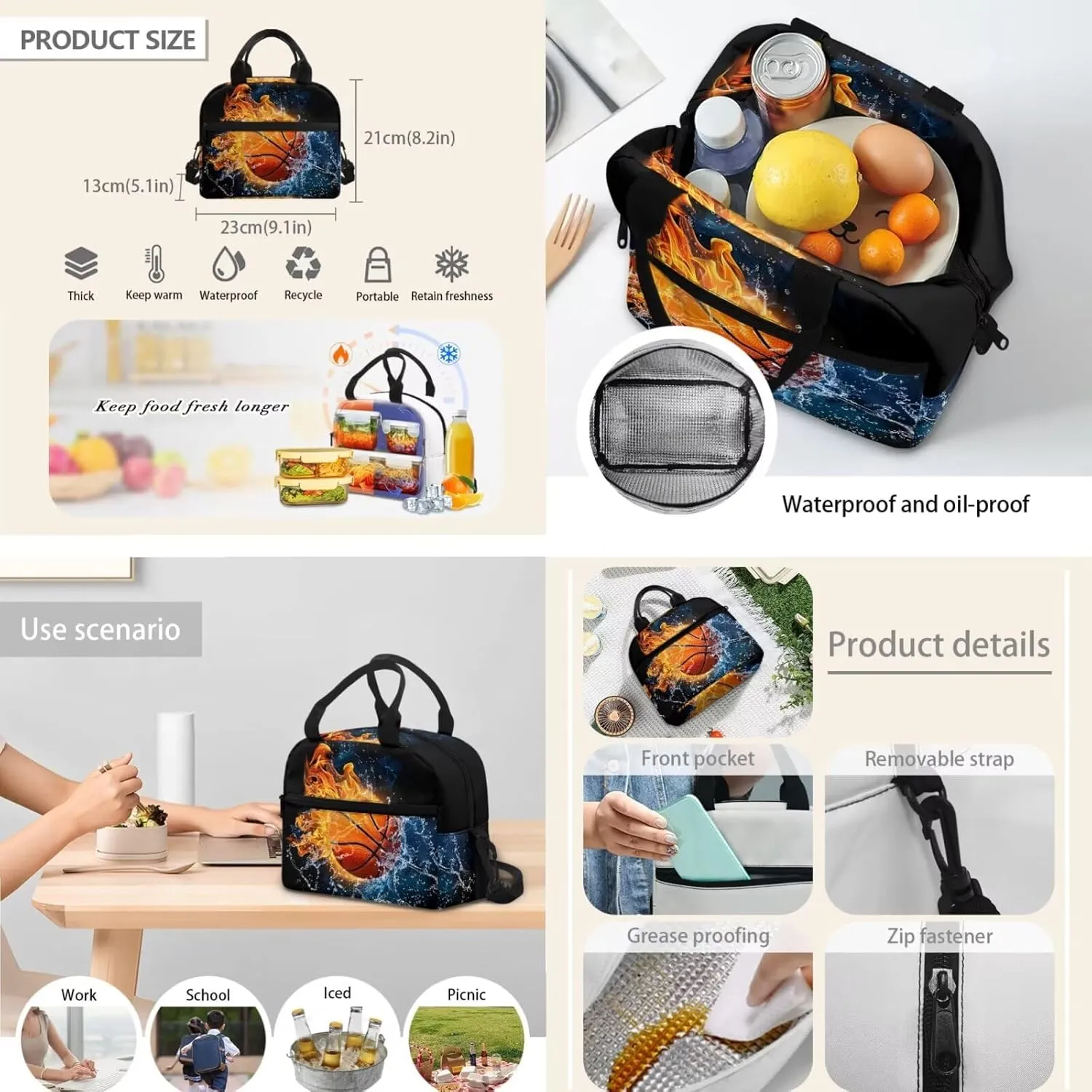 doginthehole Water and Fire Basketball Backpack for Boys 8-12 Cool Boys School Bag with Lunch Bag 3 Piece Kids Book Bags for Boys Elementary Middle School Casual Hiking Daypacks