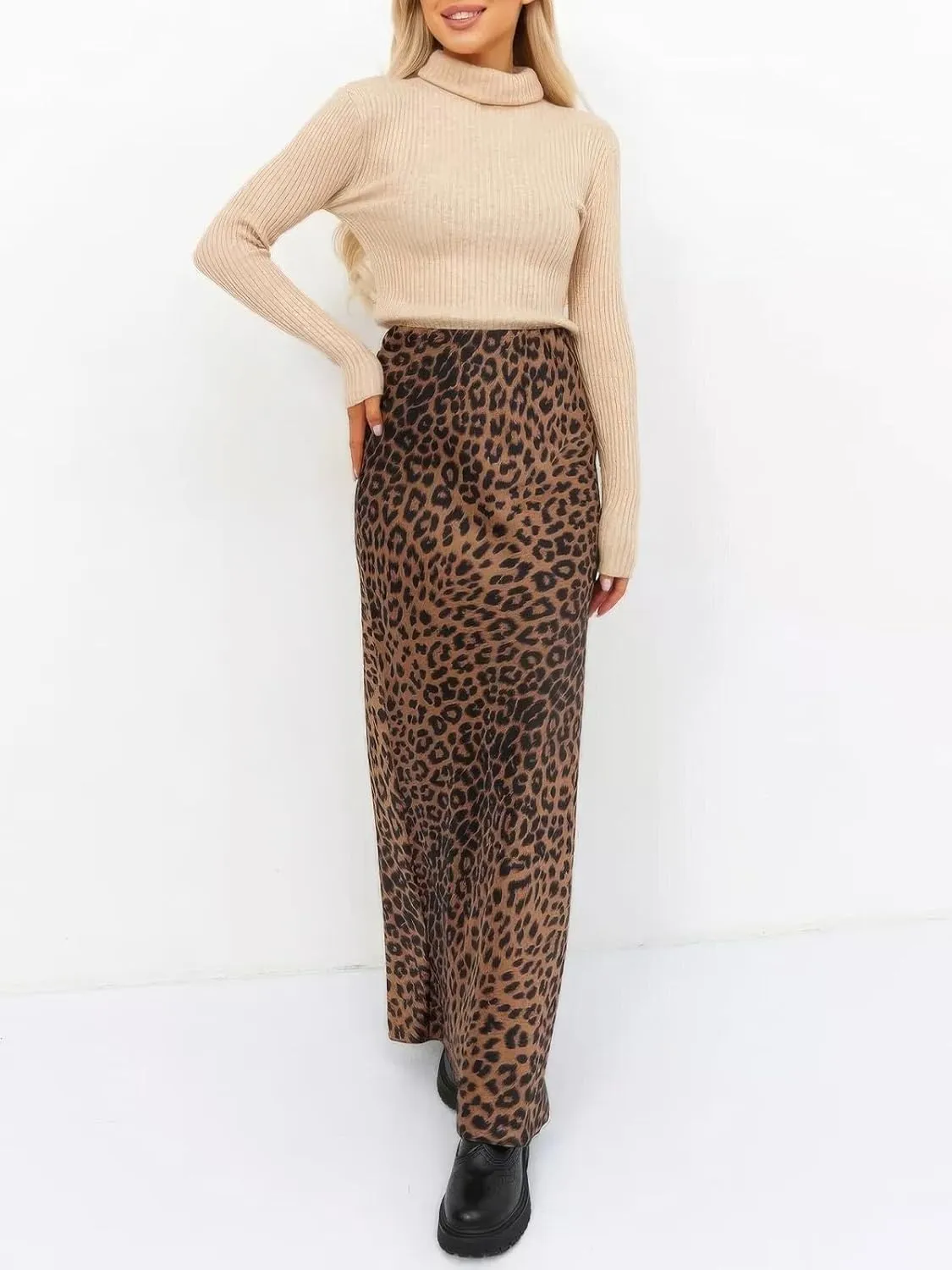 ebossy Women's Elegant Leopard Print Long Satin Skirt Silk Dressy Hidden Elastic Waist Flared A-Line Maxi Skirts