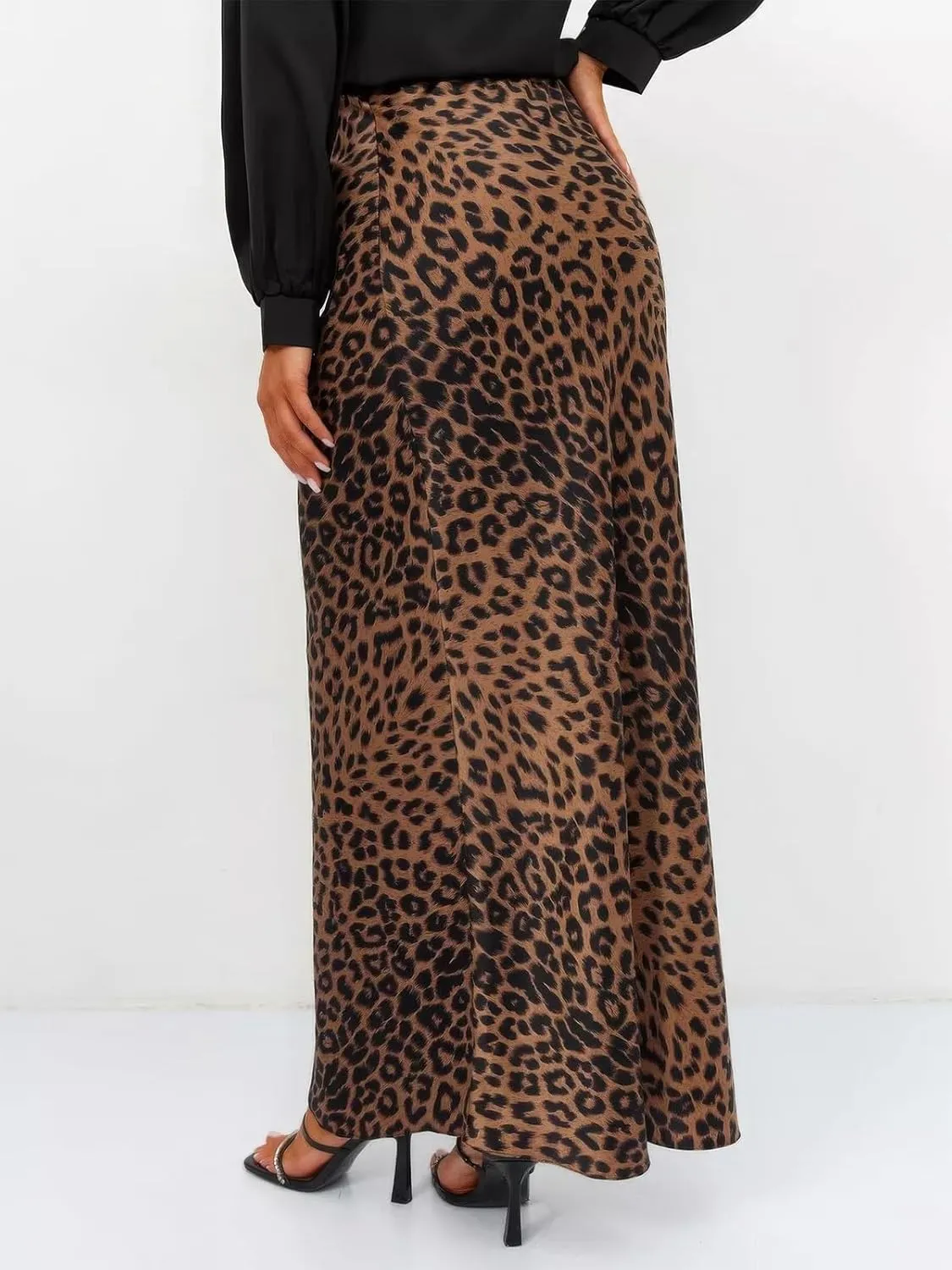 ebossy Women's Elegant Leopard Print Long Satin Skirt Silk Dressy Hidden Elastic Waist Flared A-Line Maxi Skirts