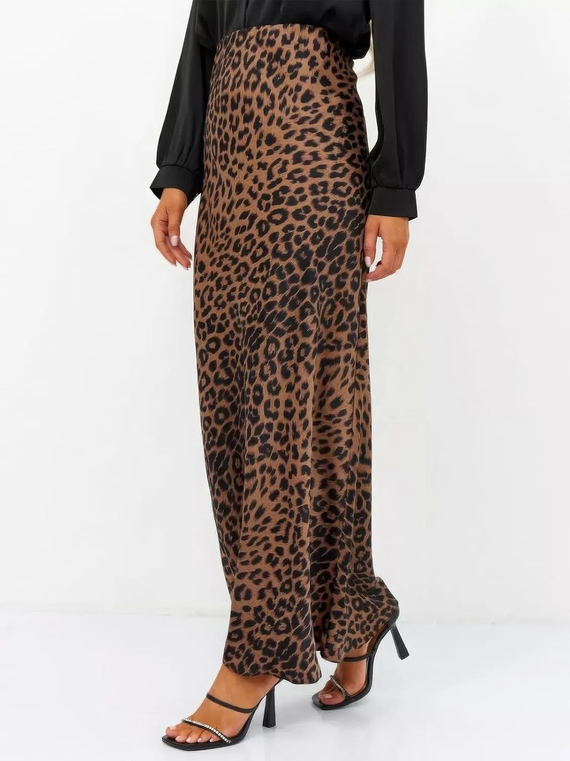 ebossy Women's Elegant Leopard Print Long Satin Skirt Silk Dressy Hidden Elastic Waist Flared A-Line Maxi Skirts