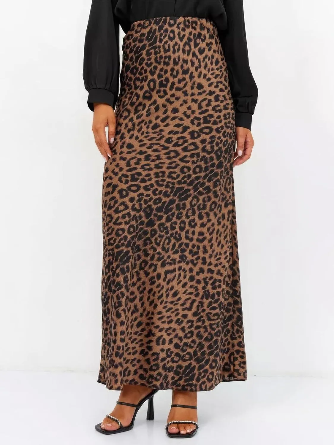 ebossy Women's Elegant Leopard Print Long Satin Skirt Silk Dressy Hidden Elastic Waist Flared A-Line Maxi Skirts