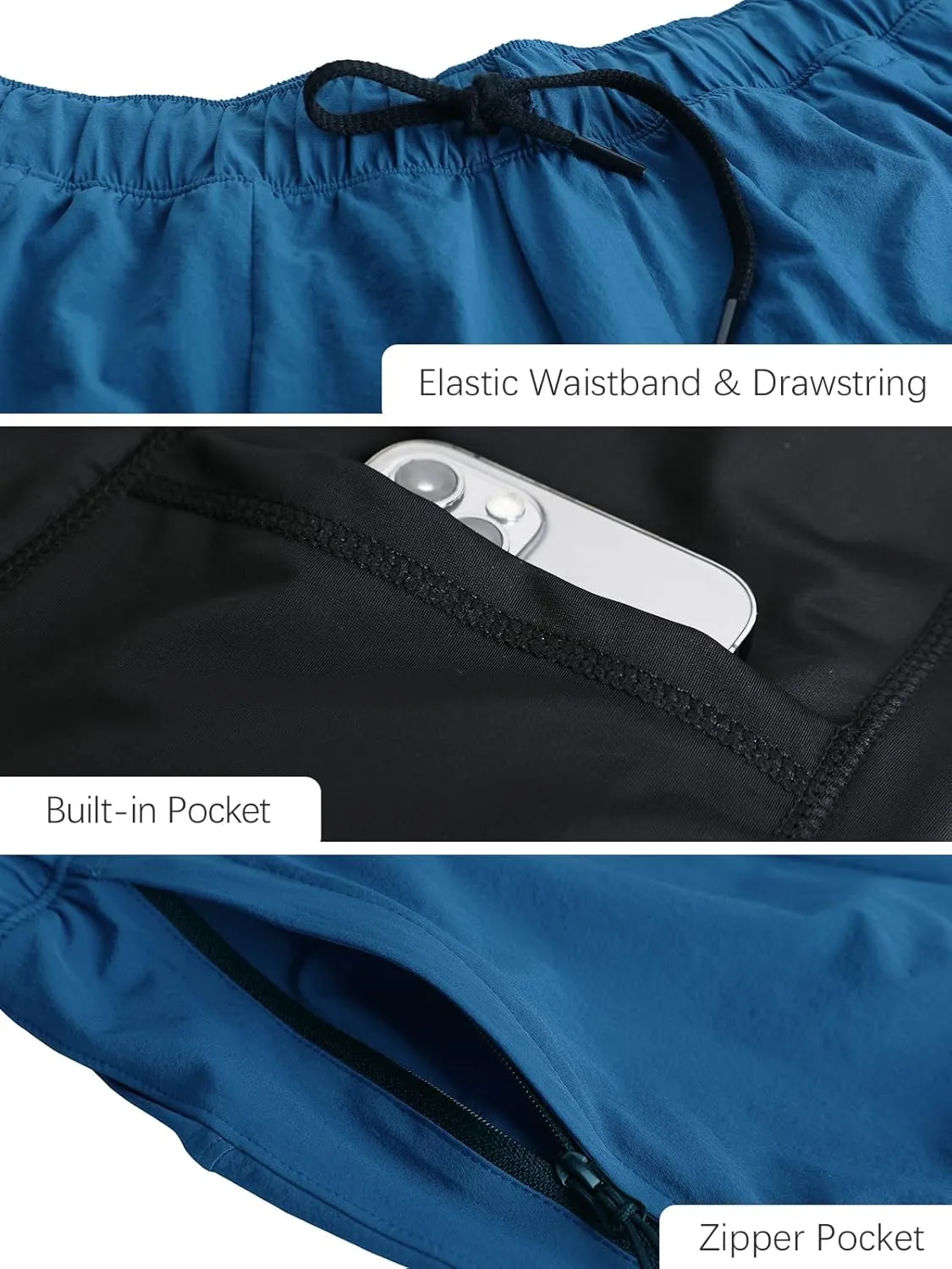 ECUPPER Mens Swim Trunks with Compression Liner Board Shorts with Zipper Pockets Quick Dry Swimwear Beach Bathing Swimsuit