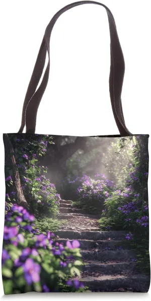 Enchanting Forest Trail with Purple Wildflowers Tote Bag