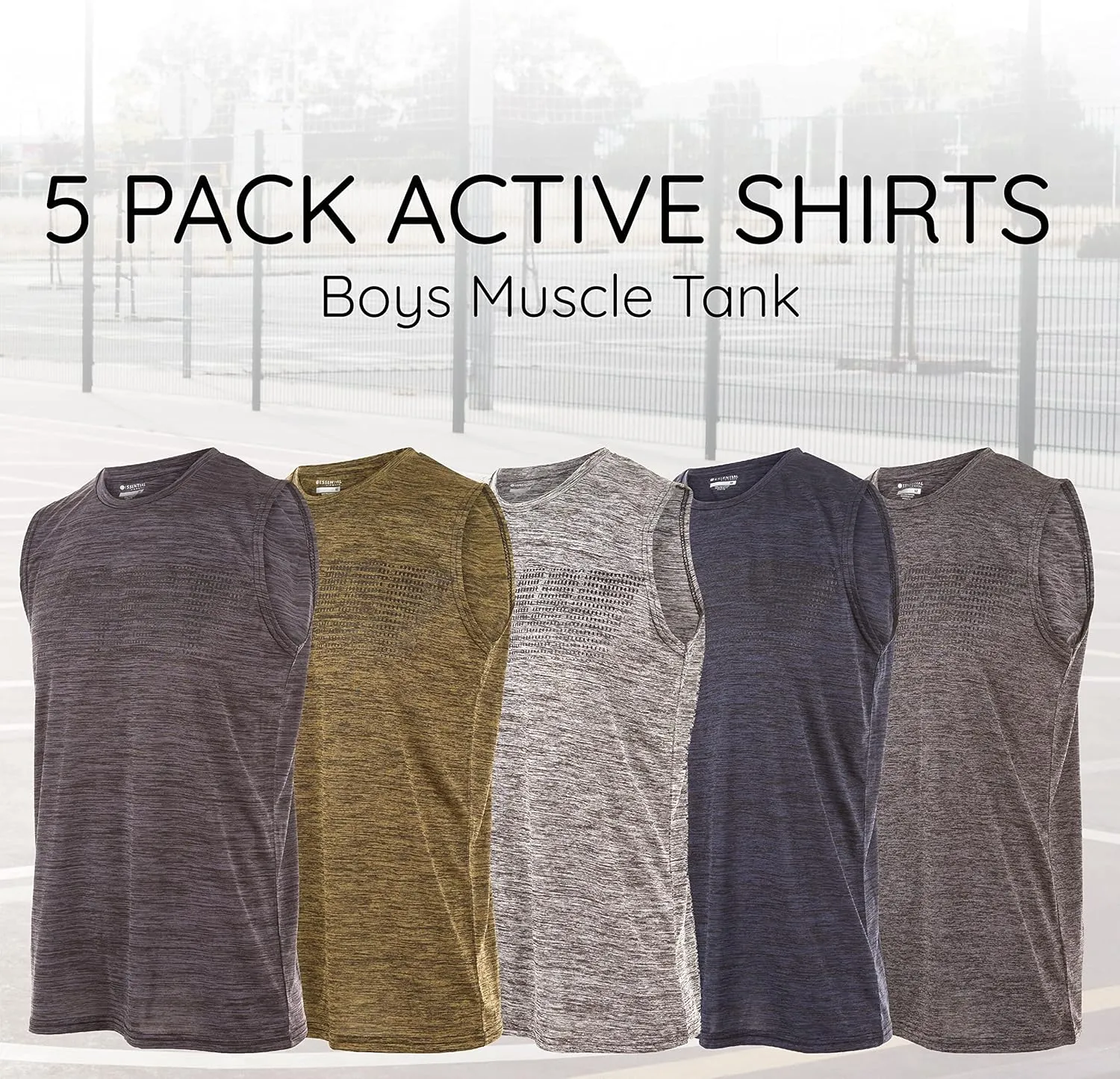 Essential Elements Boys Active Shirt - Quick-Dry Athletic Workout Training Stretch Crew Neck Muscle Tank Top 5 Pack