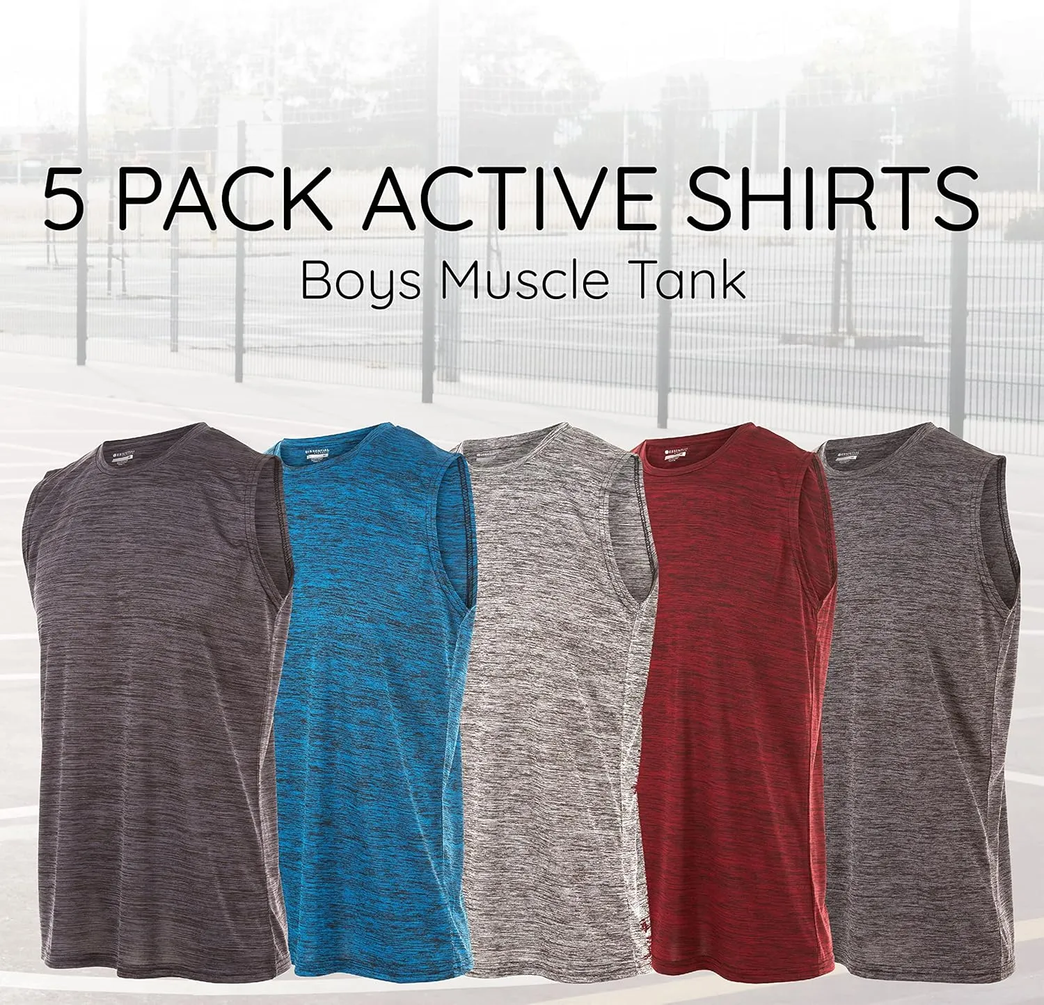 Essential Elements Boys Active Shirt - Quick-Dry Athletic Workout Training Stretch Crew Neck Muscle Tank Top 5 Pack