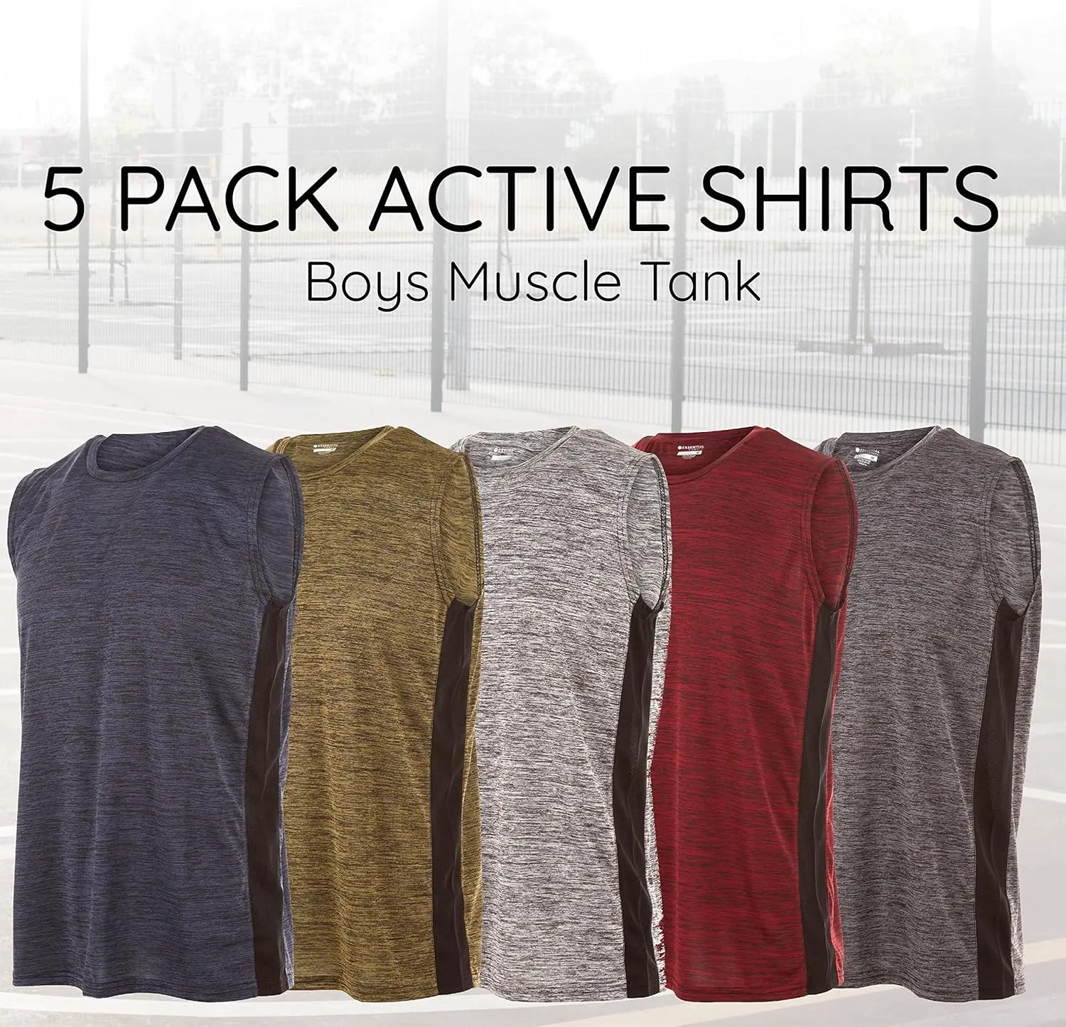 Essential Elements Boys Active Shirt - Quick-Dry Athletic Workout Training Stretch Crew Neck Muscle Tank Top 5 Pack