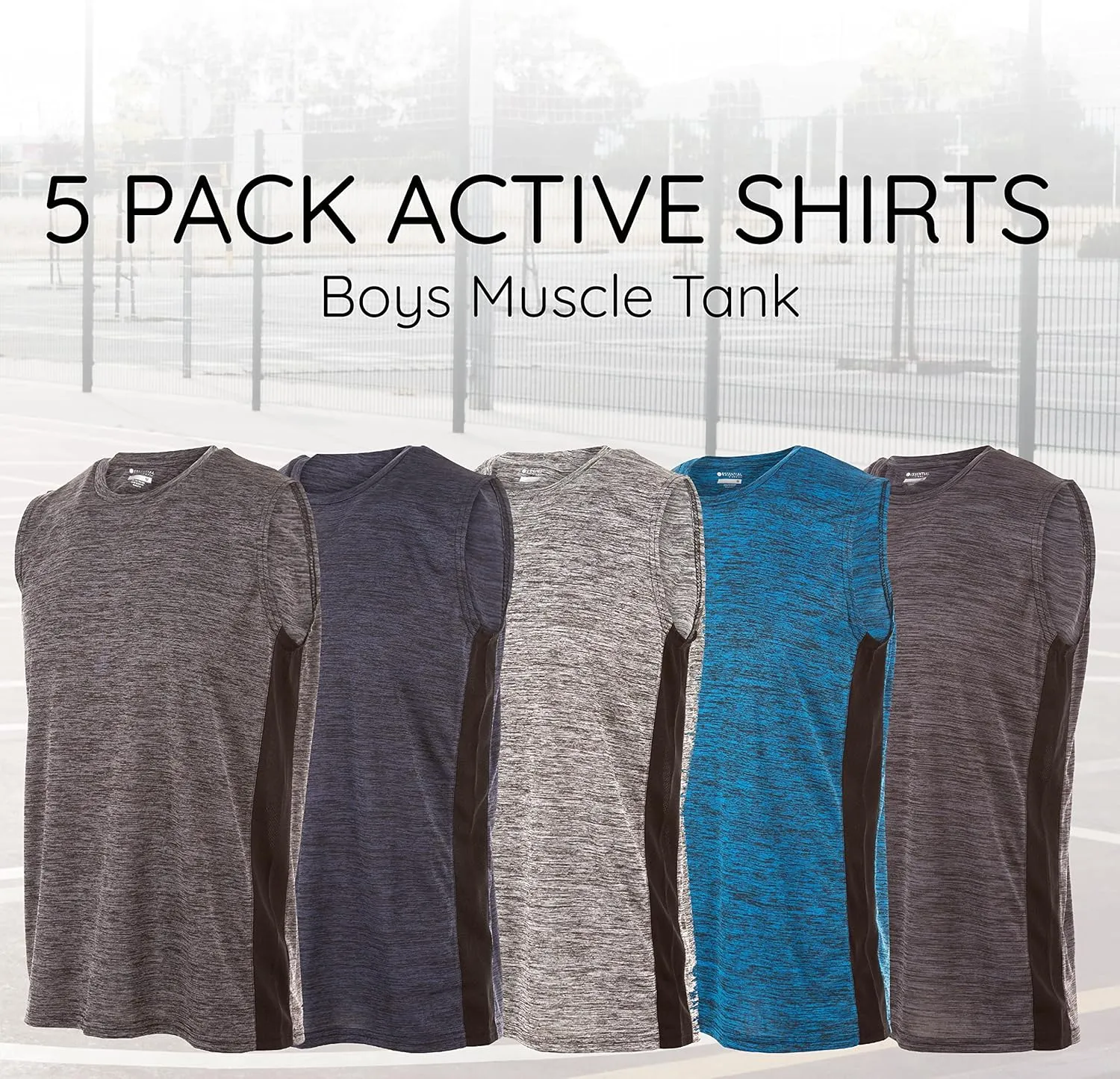 Essential Elements Boys Active Shirt - Quick-Dry Athletic Workout Training Stretch Crew Neck Muscle Tank Top 5 Pack