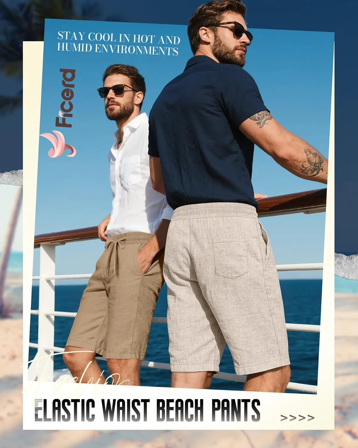 Ficerd 2 Pack Men's Cotton Linen Shorts, Elastic Waist Beach Pants with Drawstring Pockets Summer Casual Gym Vacation Shorts