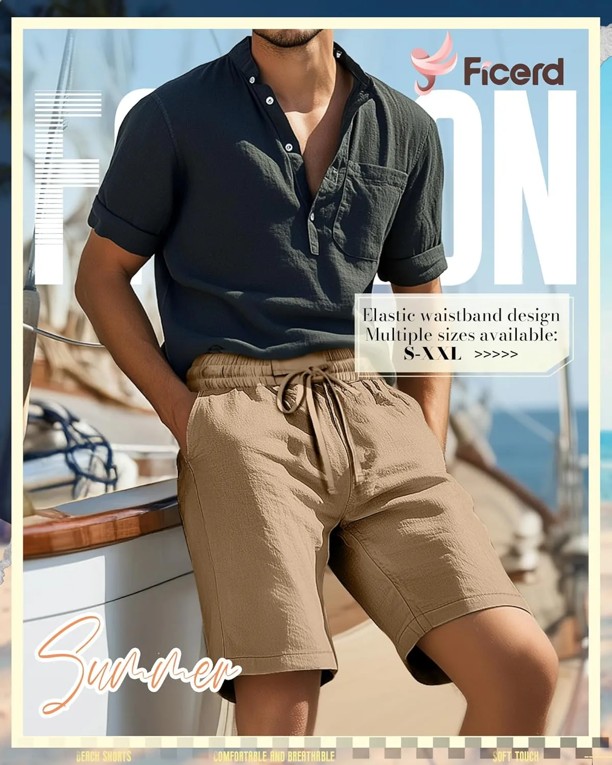 Ficerd 2 Pack Men's Cotton Linen Shorts, Elastic Waist Beach Pants with Drawstring Pockets Summer Casual Gym Vacation Shorts