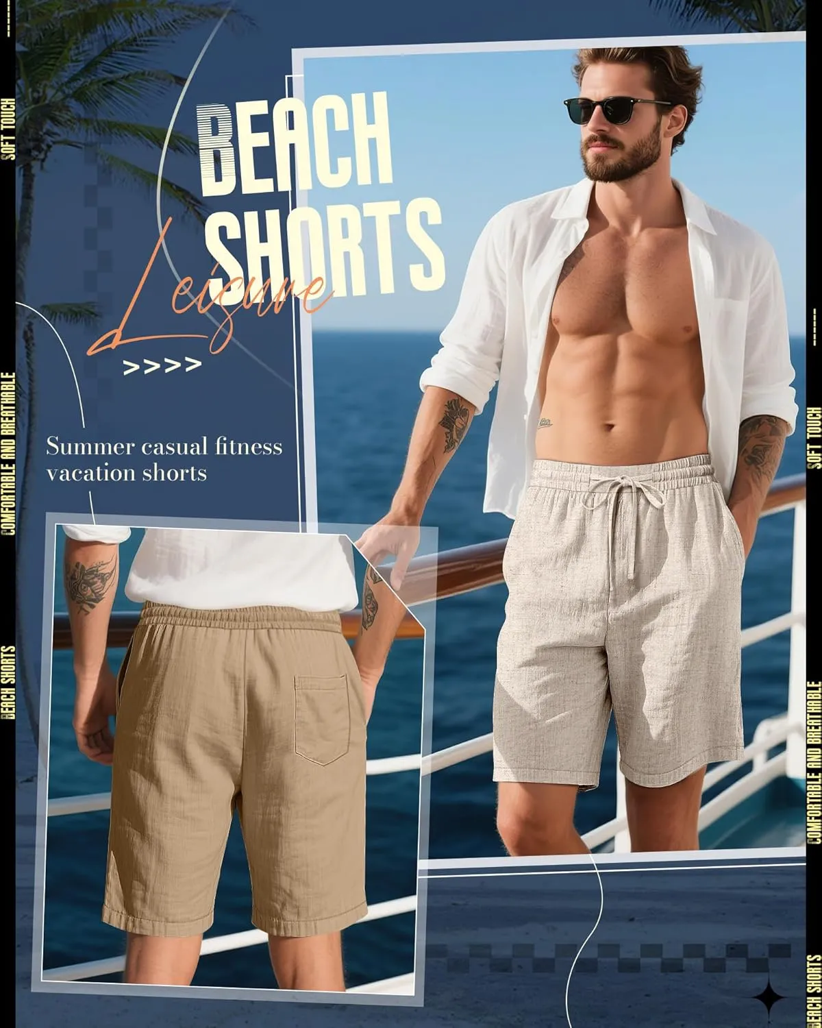 Ficerd 2 Pack Men's Cotton Linen Shorts, Elastic Waist Beach Pants with Drawstring Pockets Summer Casual Gym Vacation Shorts