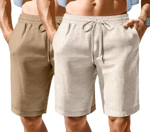 Ficerd 2 Pack Men's Cotton Linen Shorts, Elastic Waist Beach Pants with Drawstring Pockets Summer Casual Gym Vacation Shorts