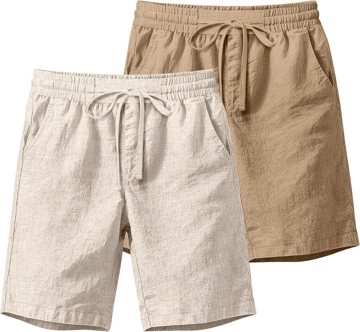 Ficerd 2 Pack Men's Cotton Linen Shorts, Elastic Waist Beach Pants with Drawstring Pockets Summer Casual Gym Vacation Shorts