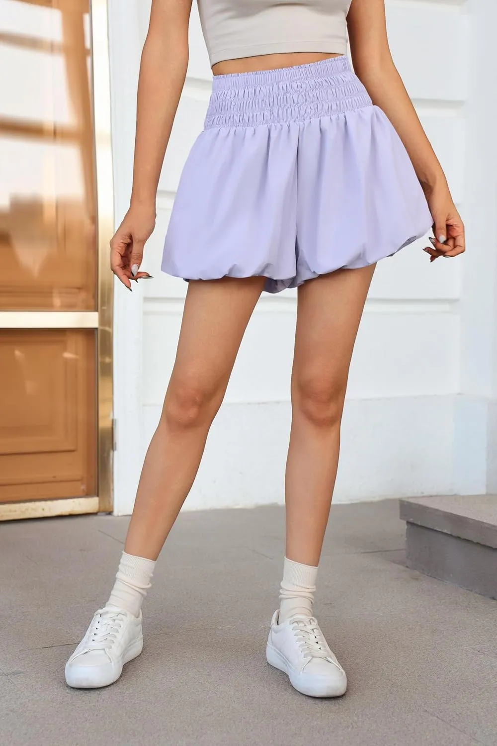 Fisoew Womens High Waisted Bubble Shorts Smocked Elastic Going Out Cute Skorts with Pockets