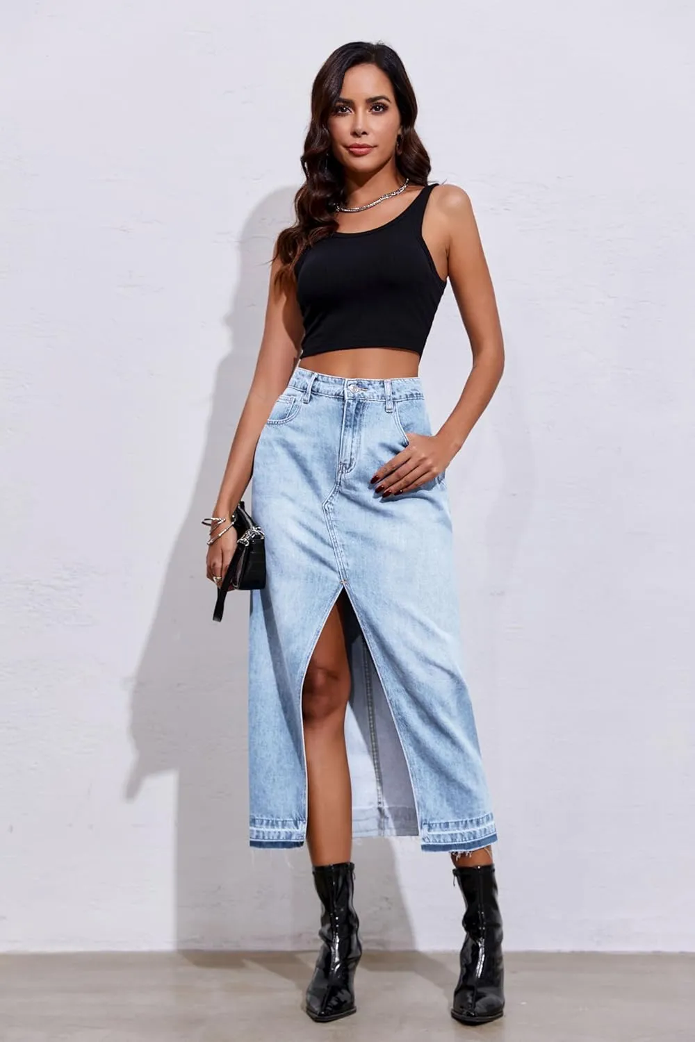 Fisoew Women's Long Denim Maxi Skirts High Waisted Frayed Hem Western Split Jean Skirt Streetwear