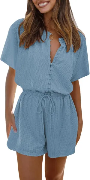 Fixmatti Short Sleeve Romper One Piece Button Up Jumpsuits for Women Summer Shorts Rompers