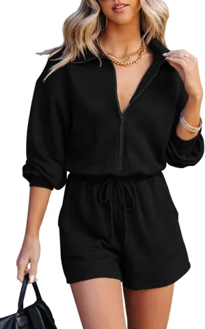 Fixmatti Women Zip up Romper Long Sleeve V Neck Drawstring Waist Casual Shorts Jumpsuit with Pockets