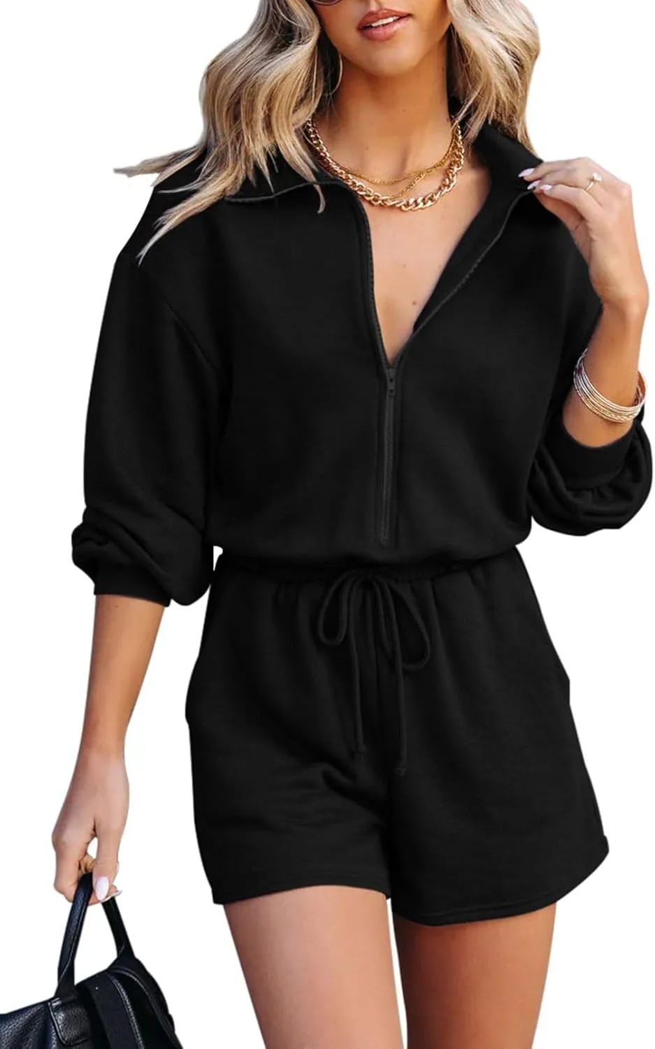 Fixmatti Women Zip up Romper Long Sleeve V Neck Drawstring Waist Casual Shorts Jumpsuit with Pockets