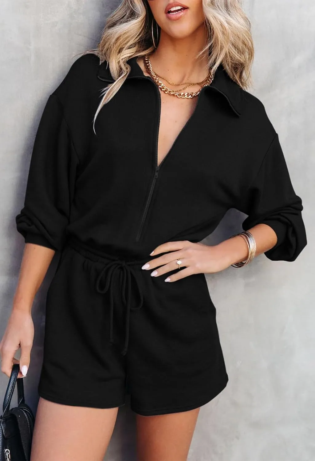 Fixmatti Women Zip up Romper Long Sleeve V Neck Drawstring Waist Casual Shorts Jumpsuit with Pockets