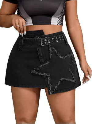 Floerns Women's Plus Size Asymmetrical Mini Denim Skirt Distressed Star Belted Jean Skirts