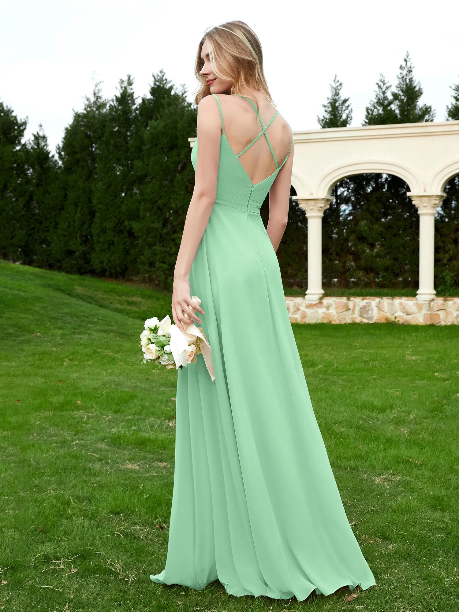 Floor Length V Neck Chiffon Bridesmaid Gown Mint Green