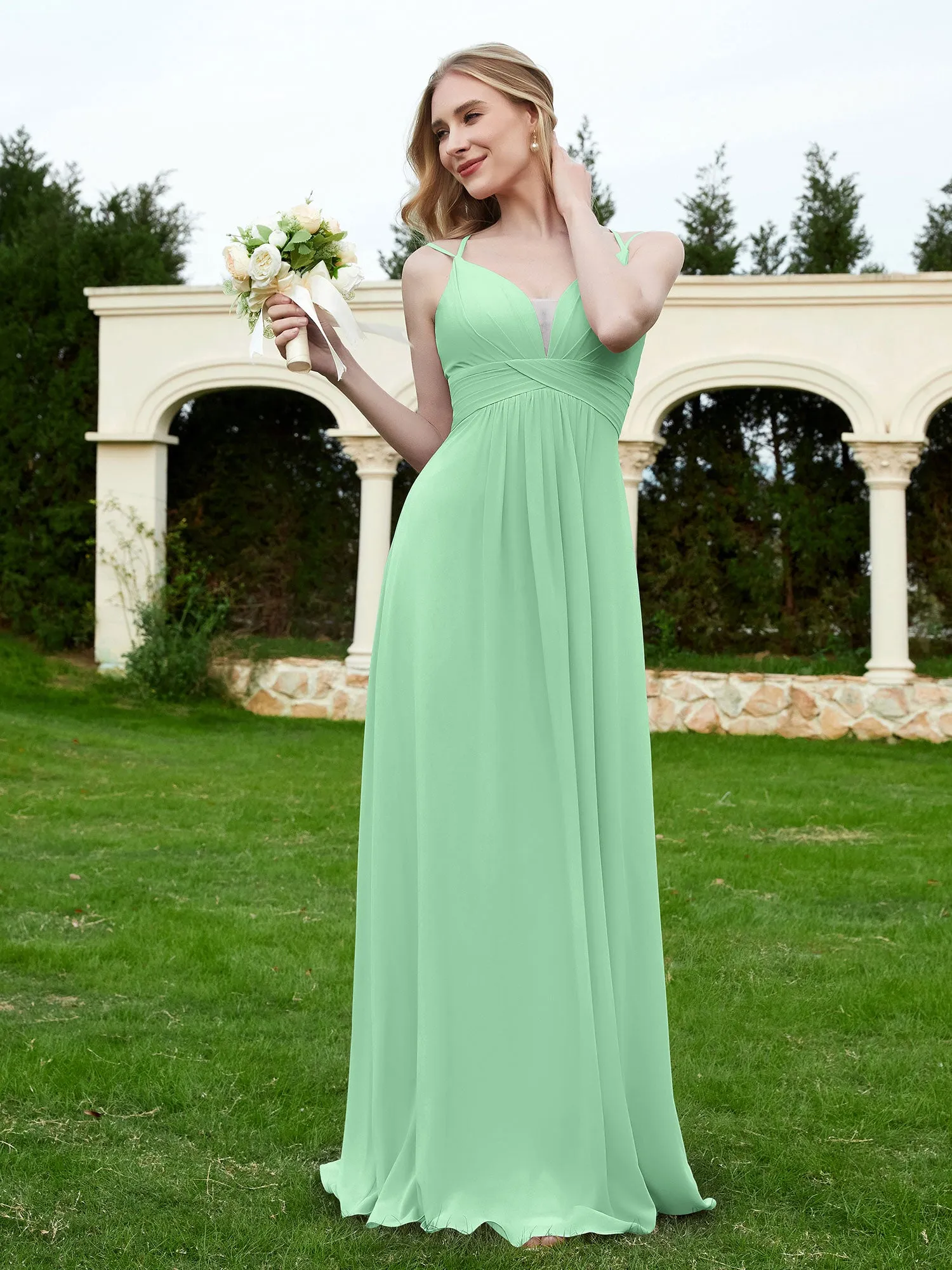 Floor Length V Neck Chiffon Bridesmaid Gown Mint Green