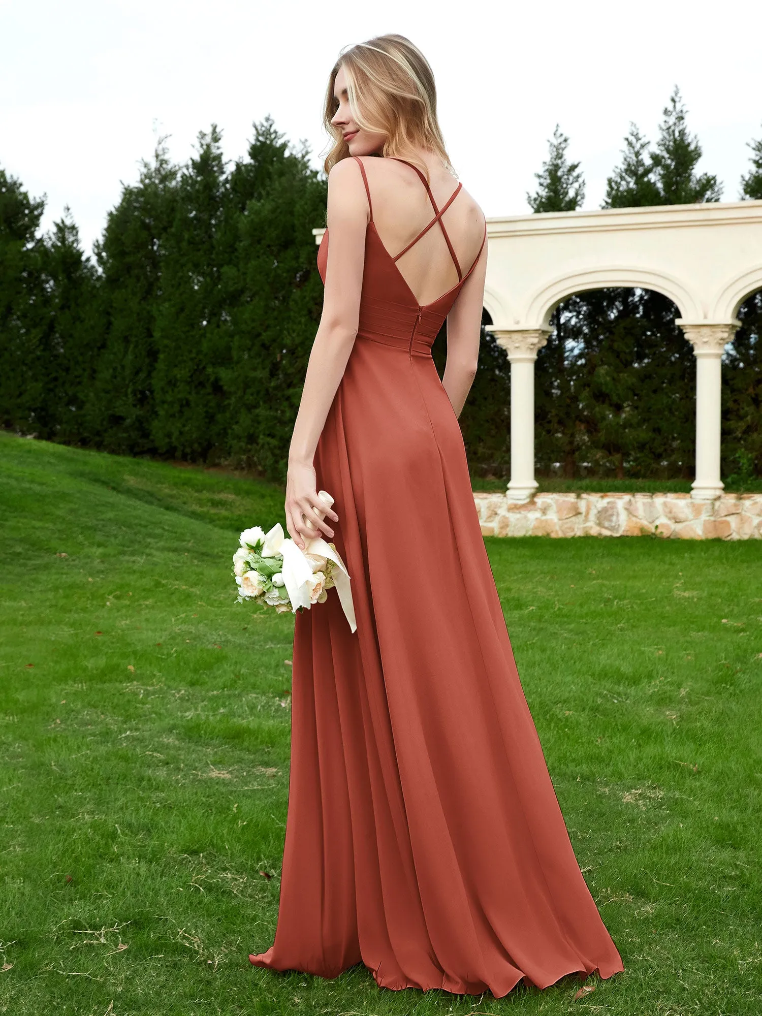 Floor Length V Neck Chiffon Bridesmaid Gown Rust Plus Size