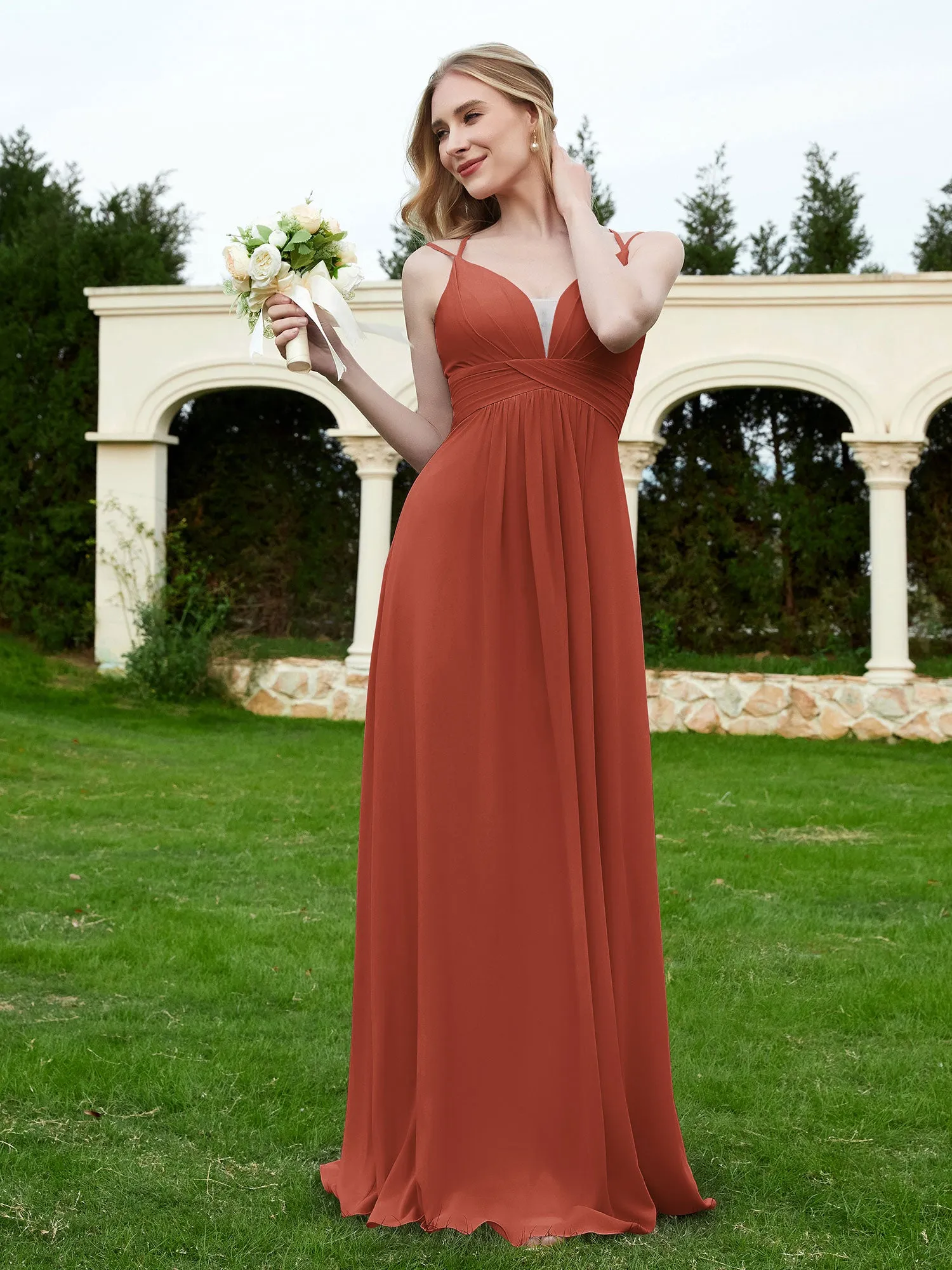 Floor Length V Neck Chiffon Bridesmaid Gown Rust Plus Size