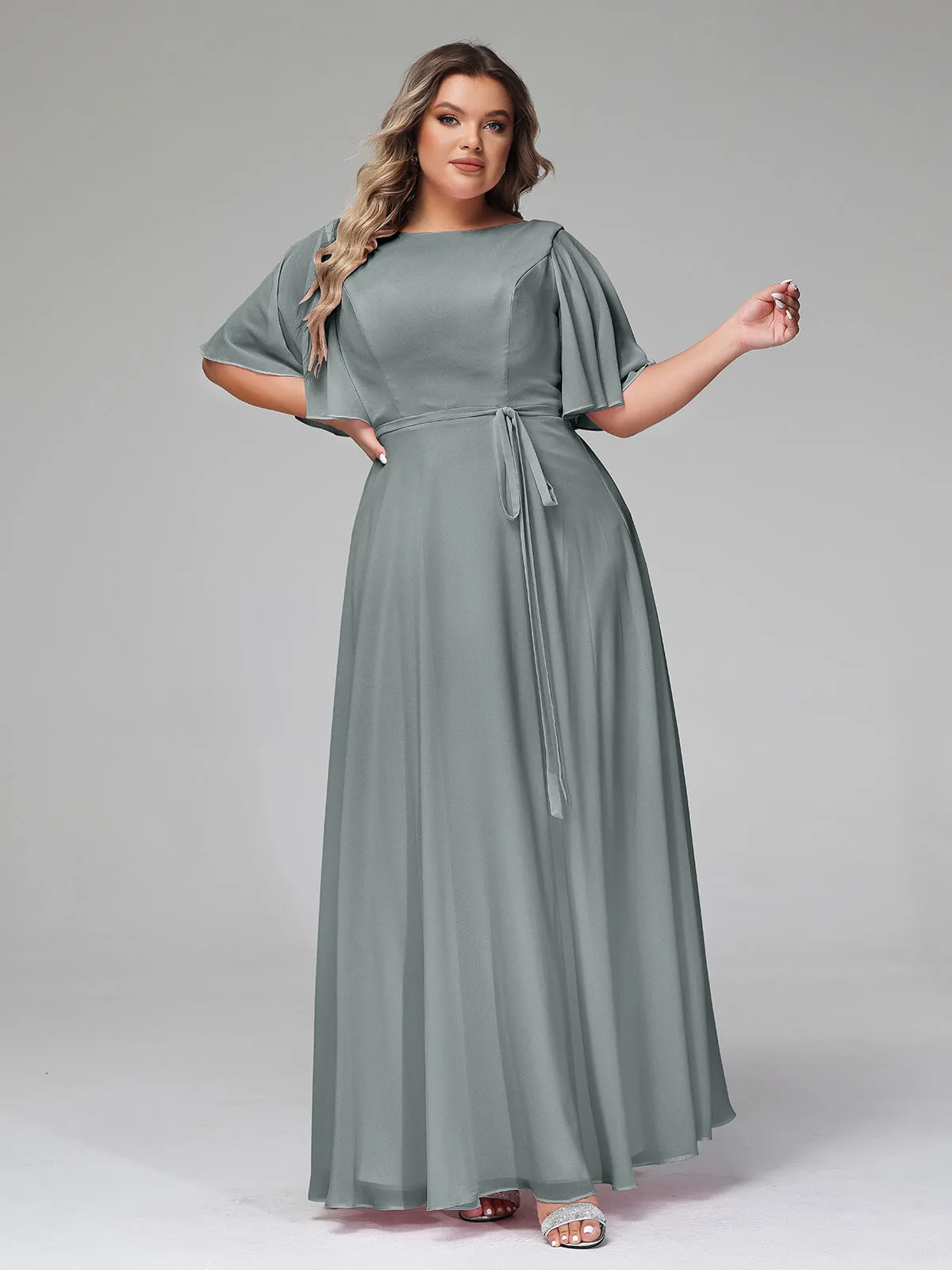Flutter Sleeves Chiffon Max Dresses with Sash Bow-Steel Grey Plus Size