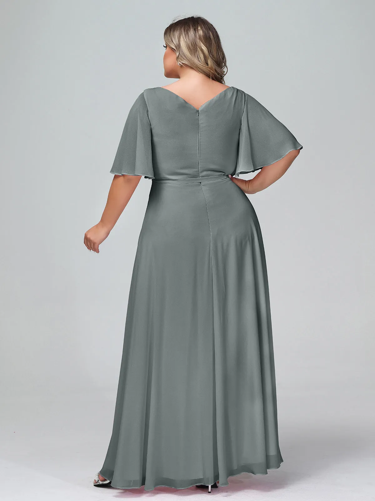Flutter Sleeves Chiffon Max Dresses with Sash Bow-Steel Grey Plus Size