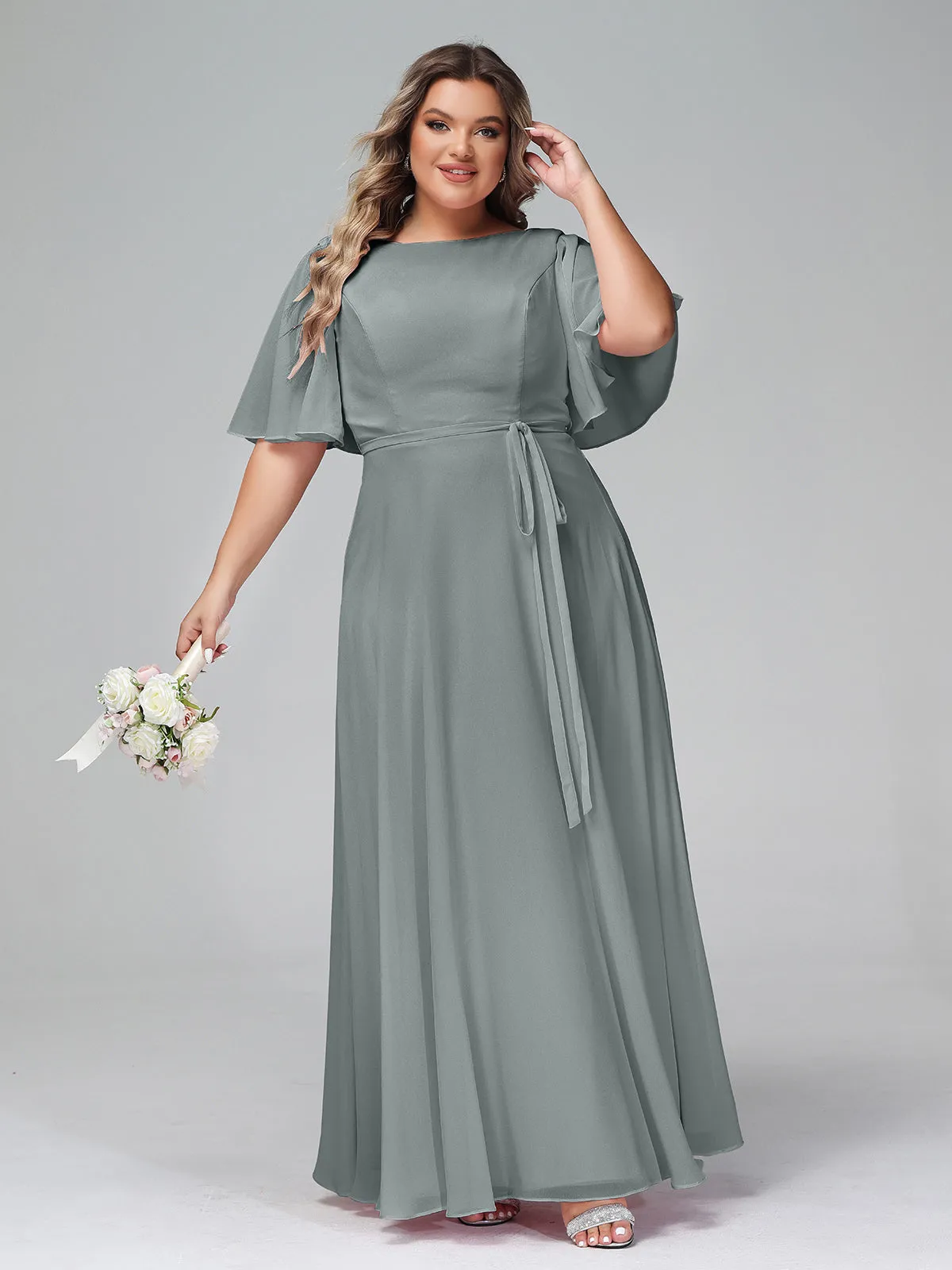 Flutter Sleeves Chiffon Max Dresses with Sash Bow-Steel Grey Plus Size