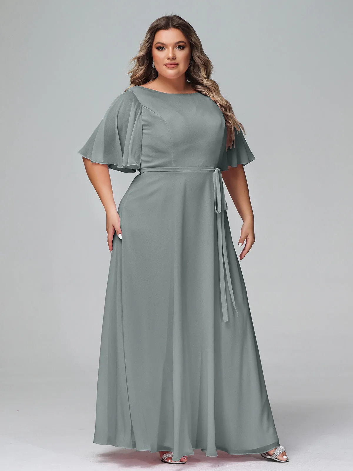 Flutter Sleeves Chiffon Max Dresses with Sash Bow-Steel Grey Plus Size