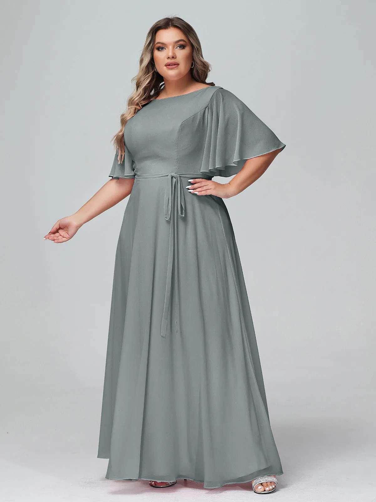 Flutter Sleeves Chiffon Max Dresses with Sash Bow-Steel Grey Plus Size