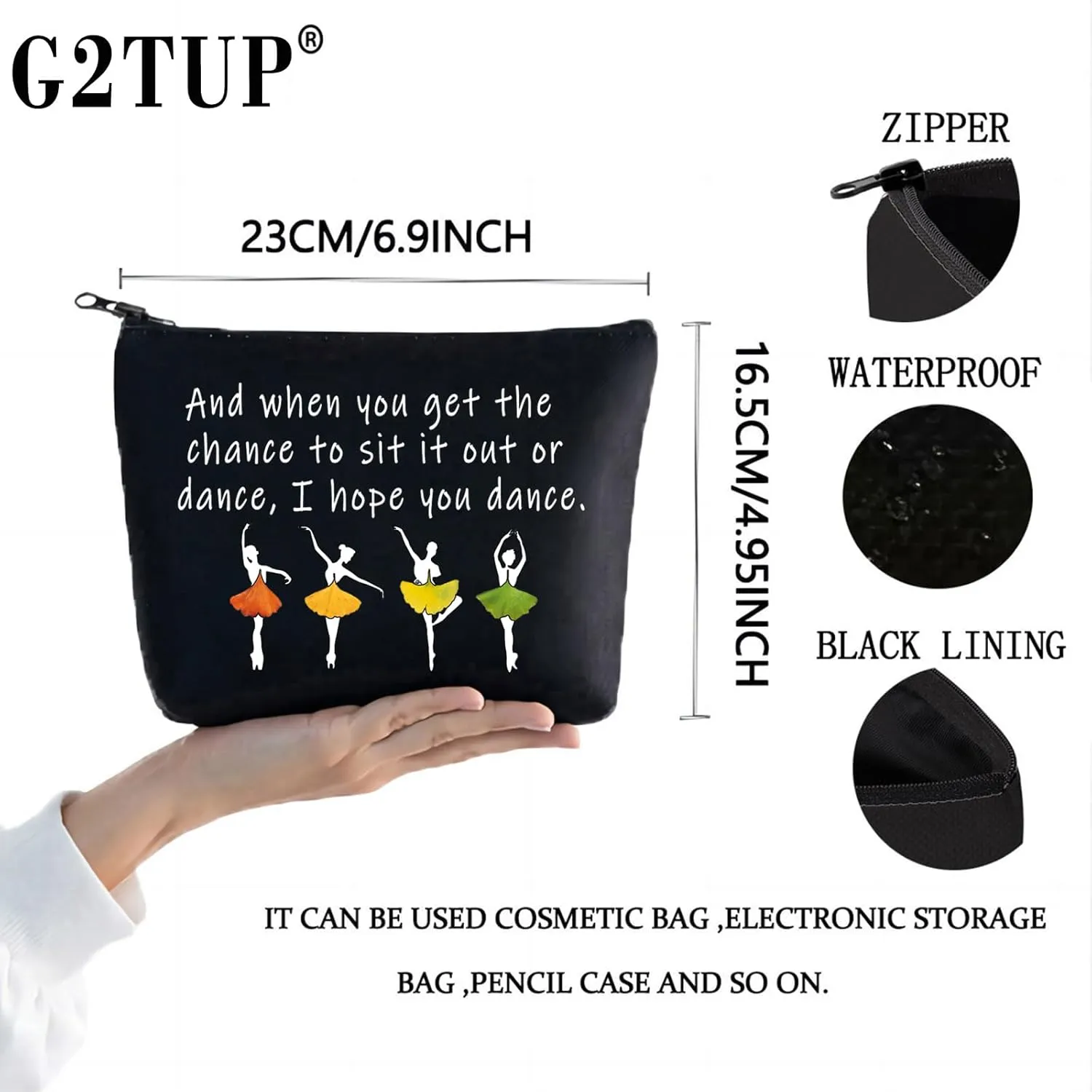G2TUP Ballet Girl Make Up Cosmetic Bag Dancer Gifts for Women Girls Motivational Quote Gift for Dance Team (black)
