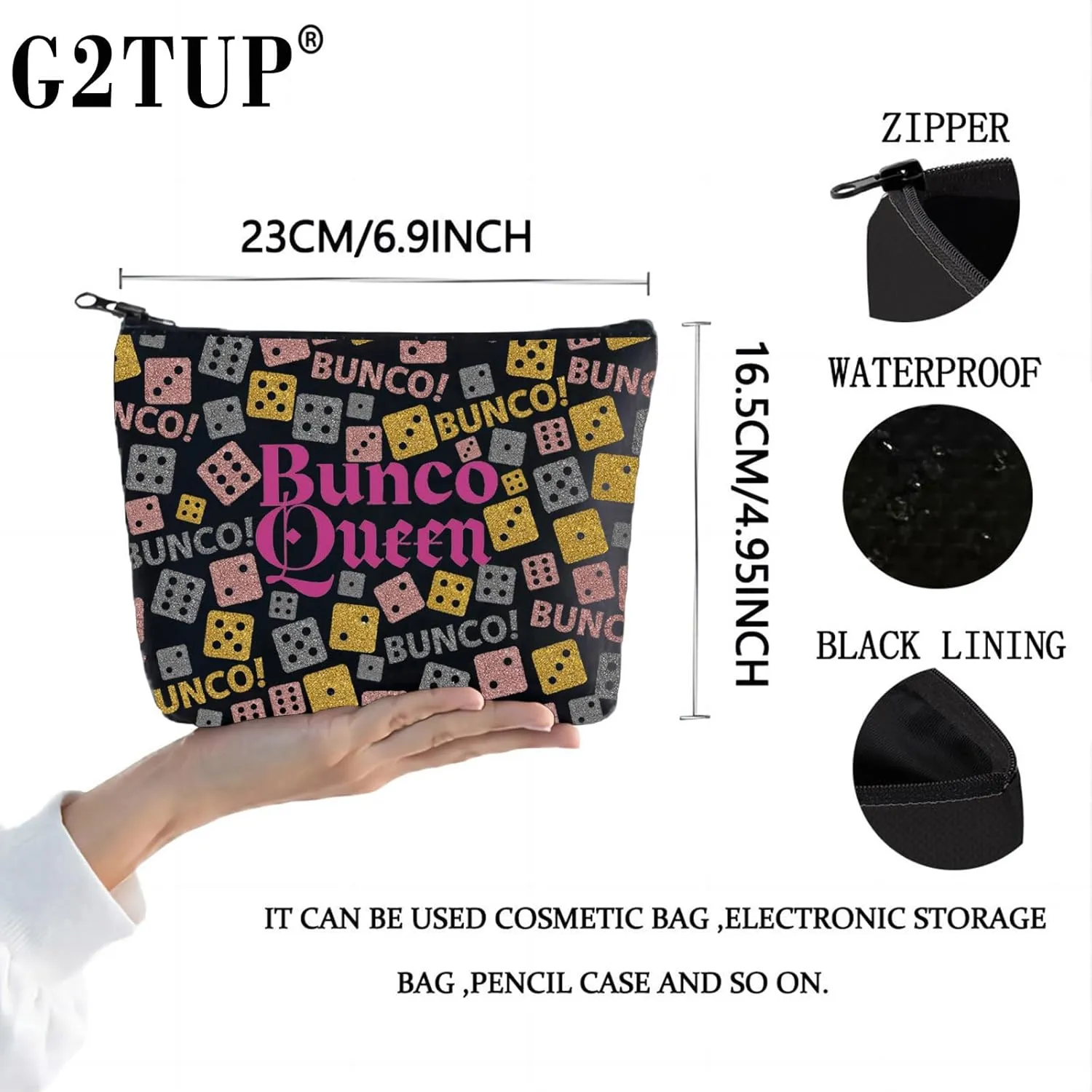 G2TUP Bunco Game Night Cosmetic Bag Bunco Bag Bunco Queen Makeup Bag Bunco Dice Gamer Gift (Bunco Q Black New)